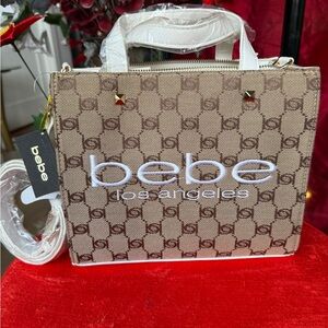 Bebe Los Angeles Beige and White Tote Bag